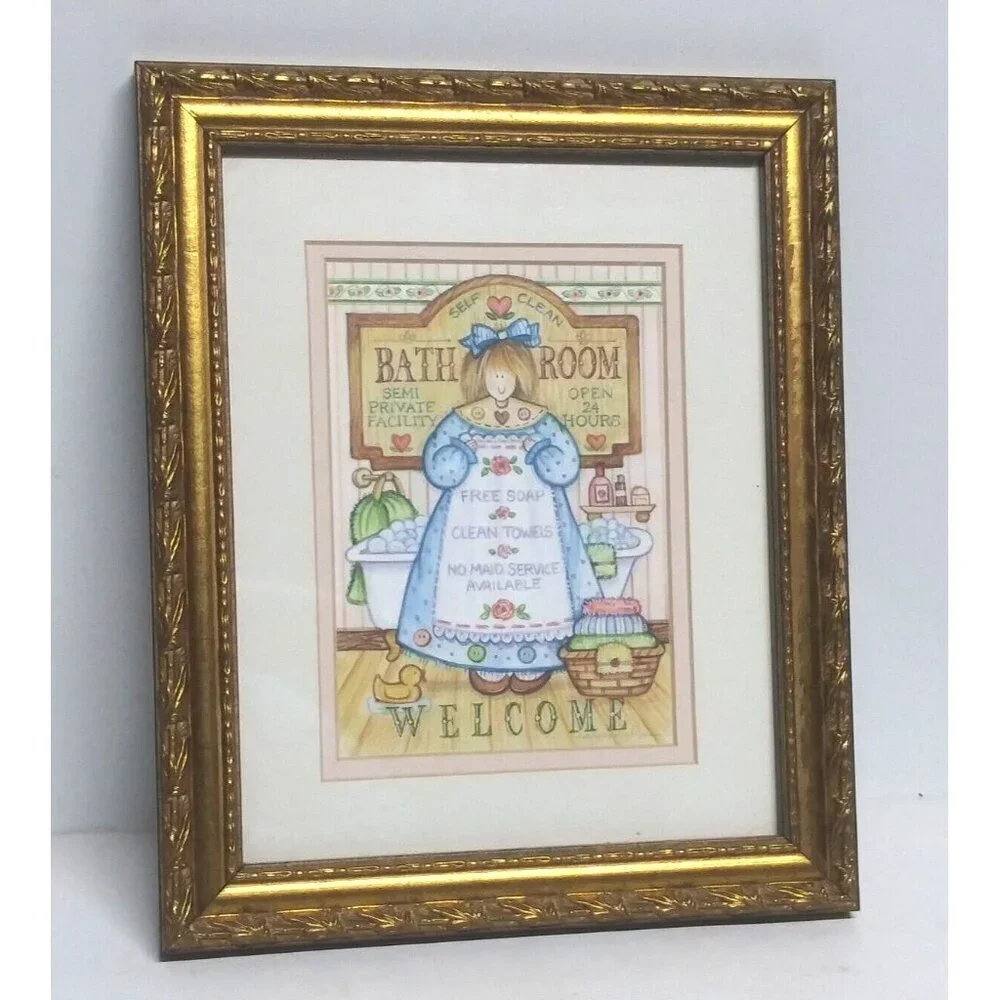 Debra Jordan Bryan Bathroom Angel Framed Matted Print gold ornate frame 11.75 in